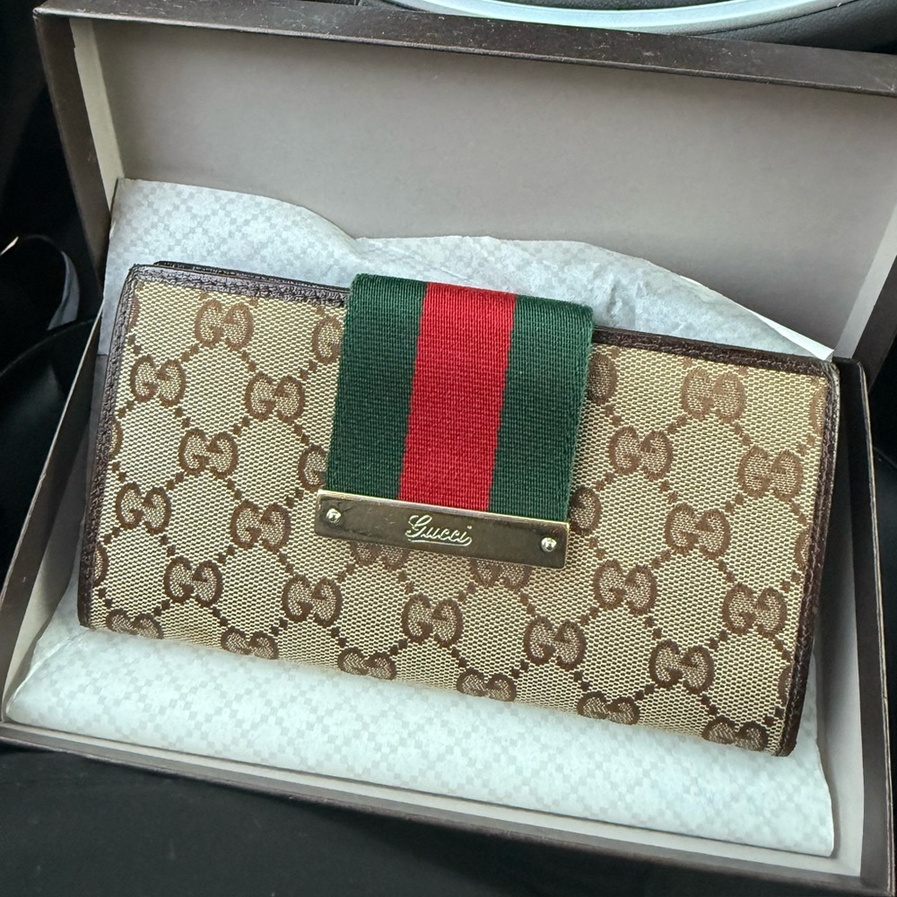 Gucci Beige and Brown Monogram Wallet with Red and Green Accent